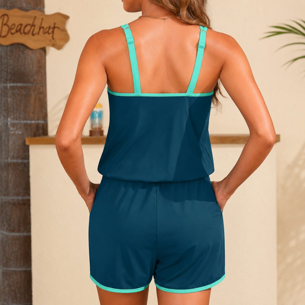 Women Romper Swimsuit One Piece Boyleg Bathing Suit Pockets