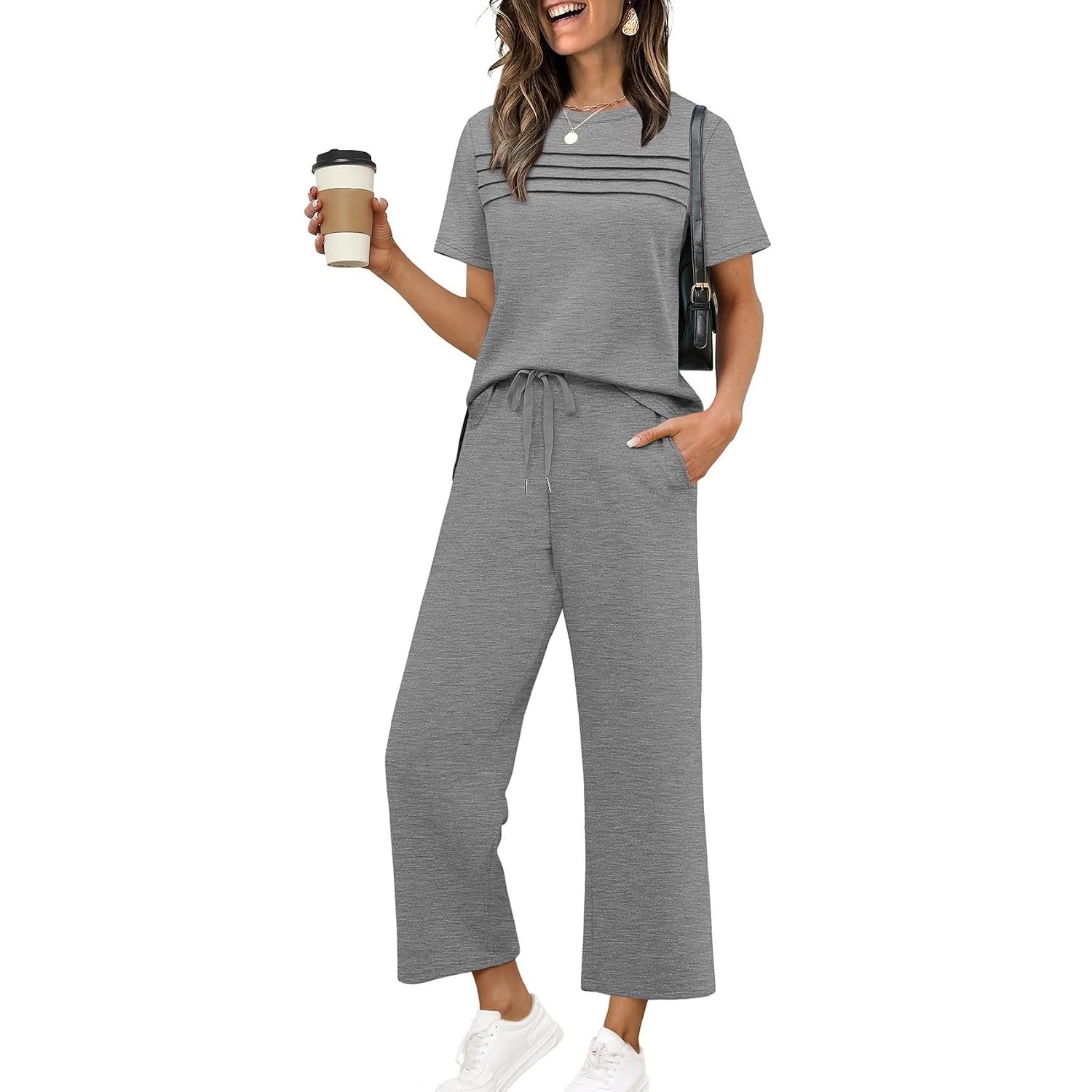 Two Piece Travel Outfit With Wide Length Pants For Women