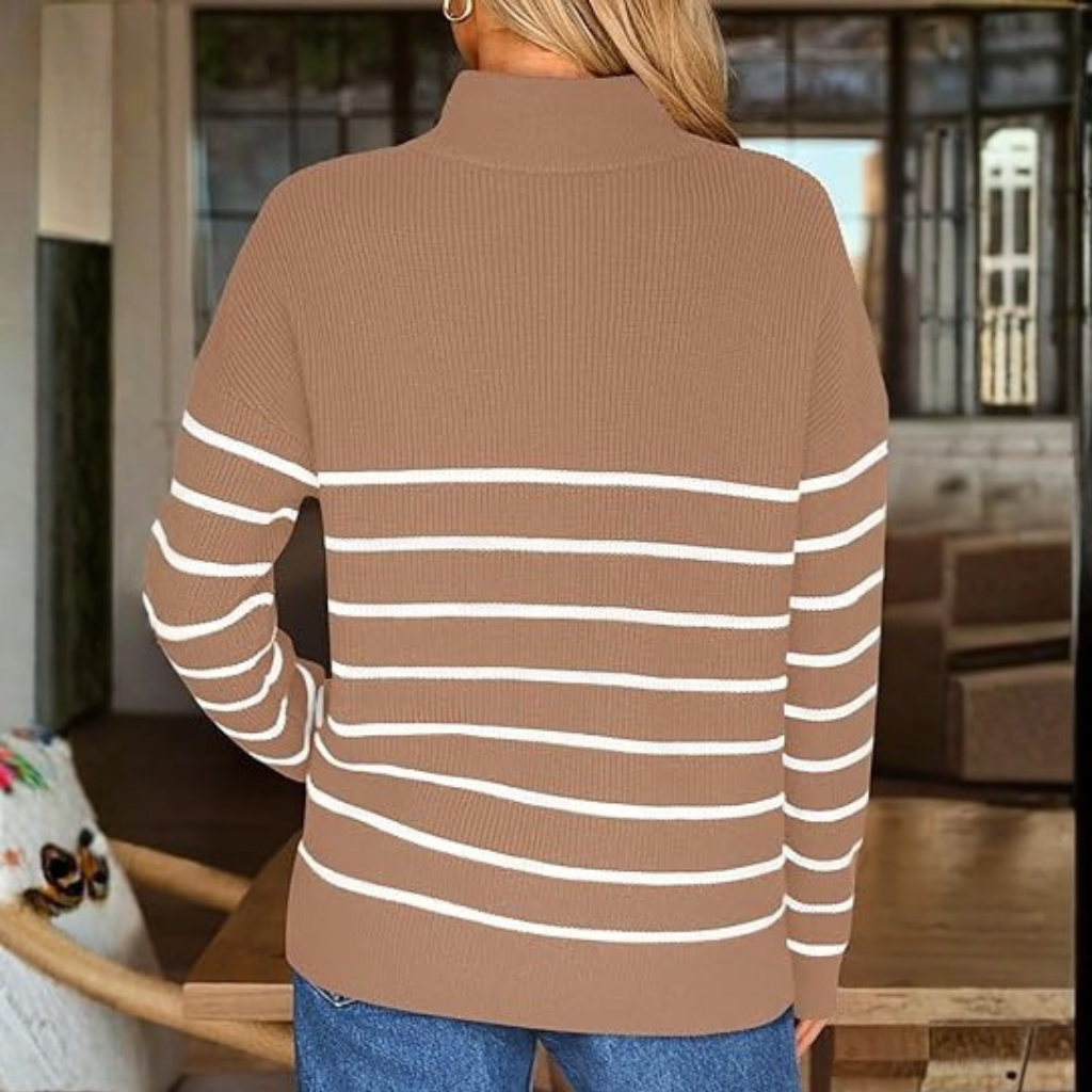 Quarter Zip Striped Design Oversized Sweater For Women