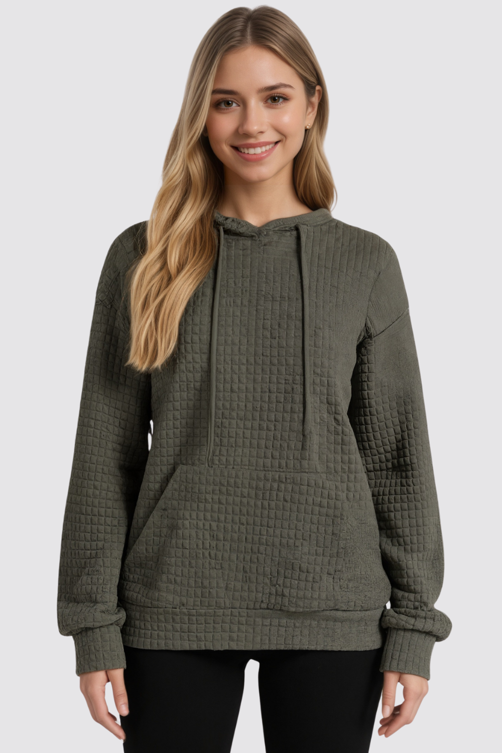 Casual Long Sleeve Drawstring Waffle Pullover Hoodie