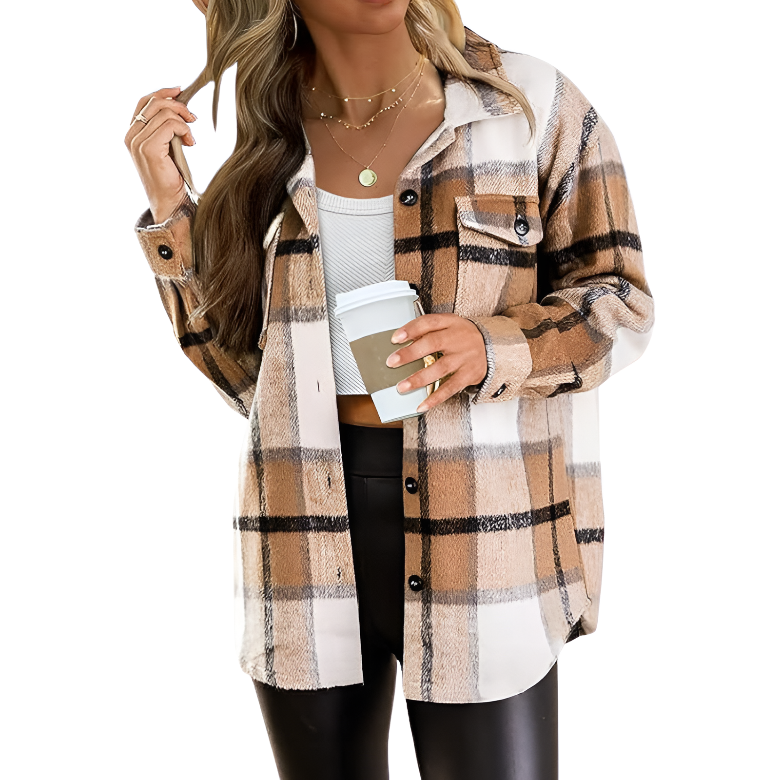Plaid Flannel Shacket With Long Sleeve Button Down Style For Women