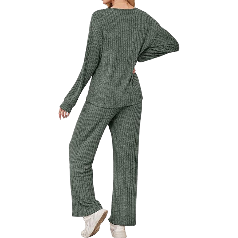 Ribbed Knit Lounge Set With Sweater Top And Loose Fit Pants For Women
