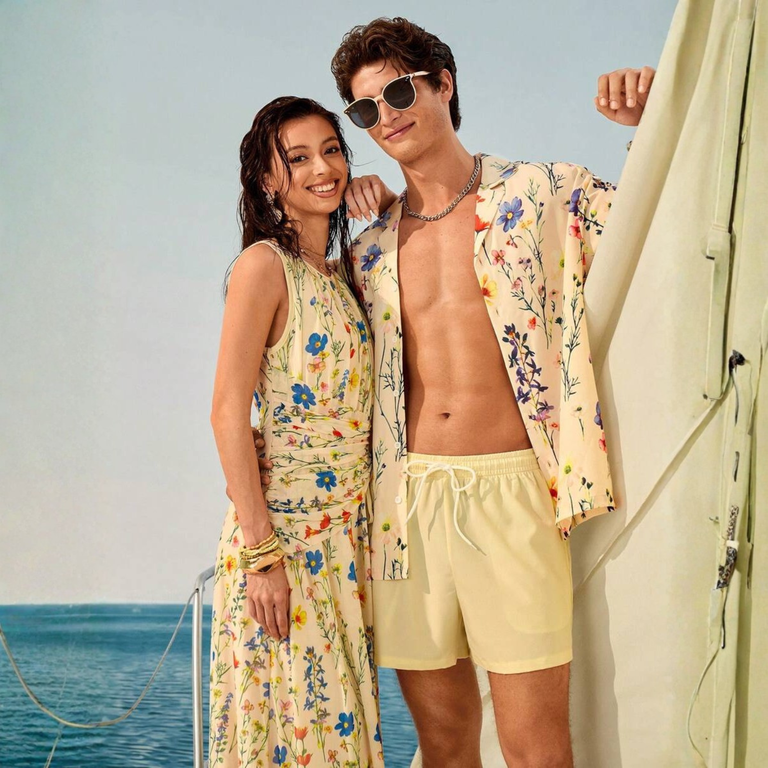 Floral Couple Beach Men Shirt Shorts And Women Swimwear Outfit Set