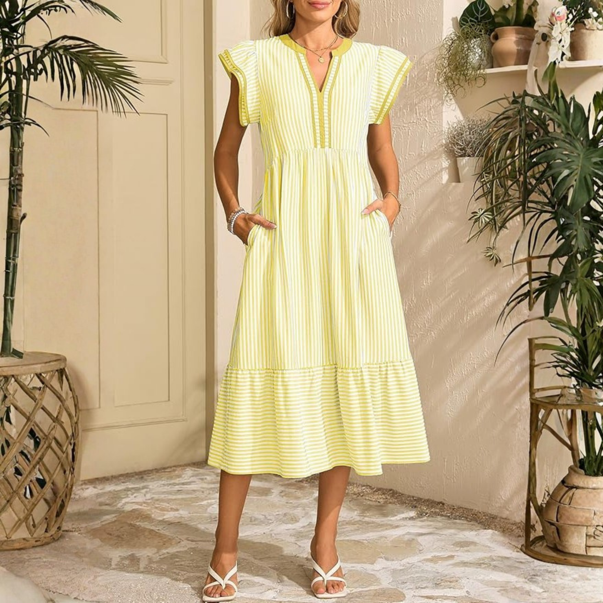 Ruffle Cap Sleeve Empire Flowy Striped Beach Midi Maxi Dress