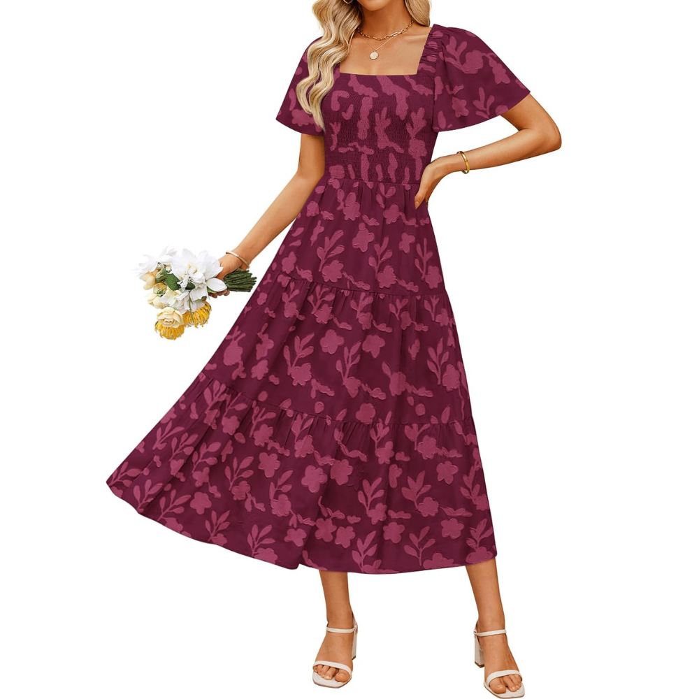 Boho Floral Flowy Midi Vacation Dress For Women
