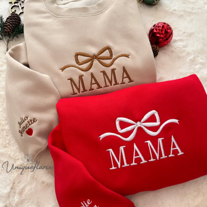 Mothers Day Personalized Mama Embroidered Sweatshirt With Bow Detail