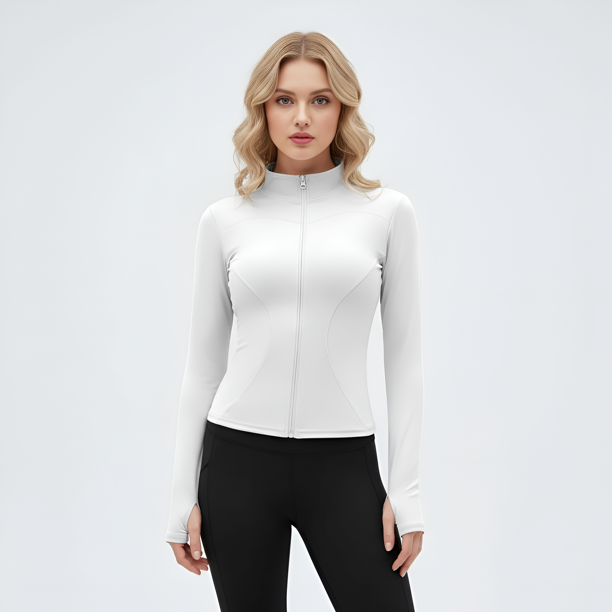 Women Thumb Holes Solid Zip Up Mock Neck Spring Sports Jacket