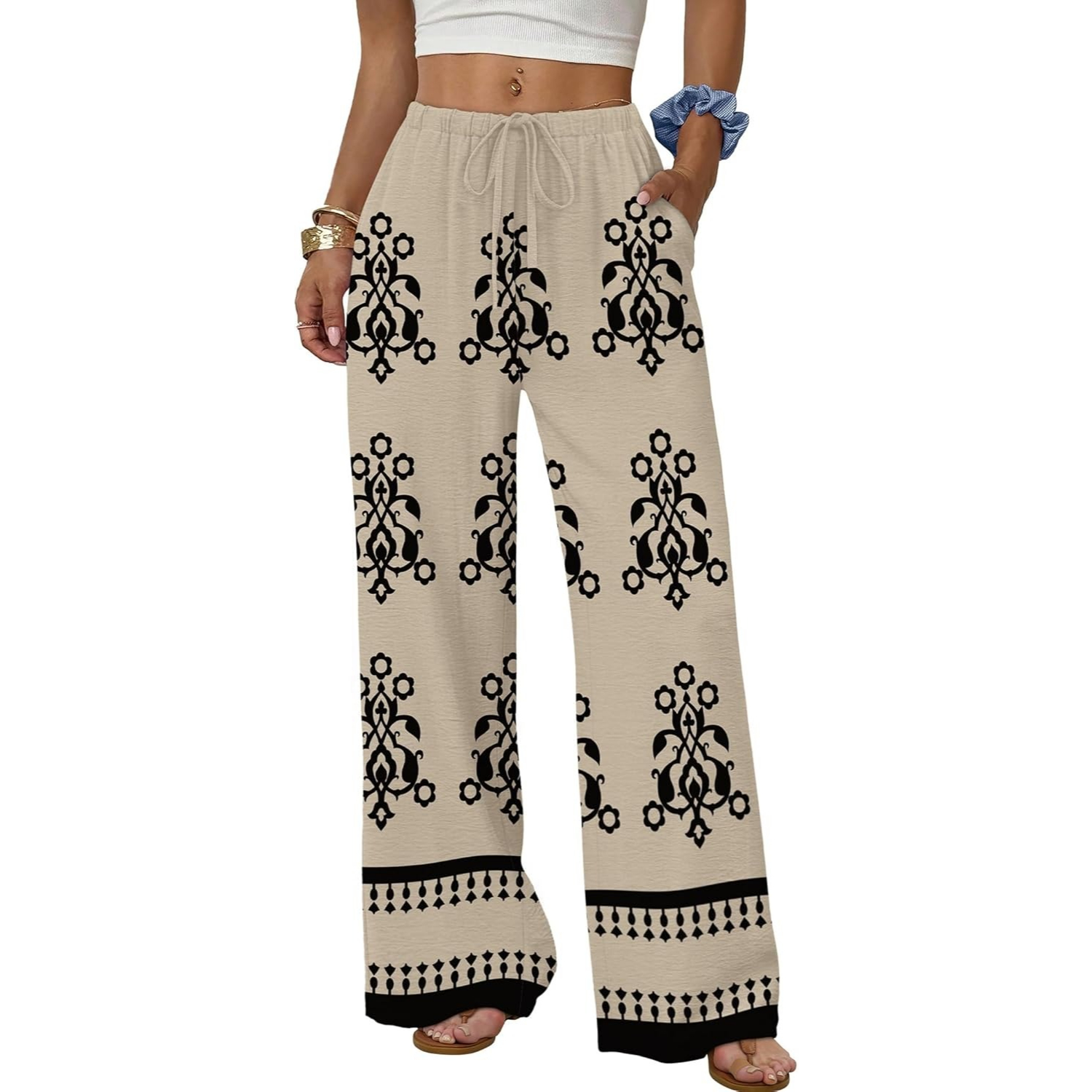 Wide Pants for Women Flowy Palazzo Drawstring Elastic Trousers with Pockets Summer Beach Vacation Clothes