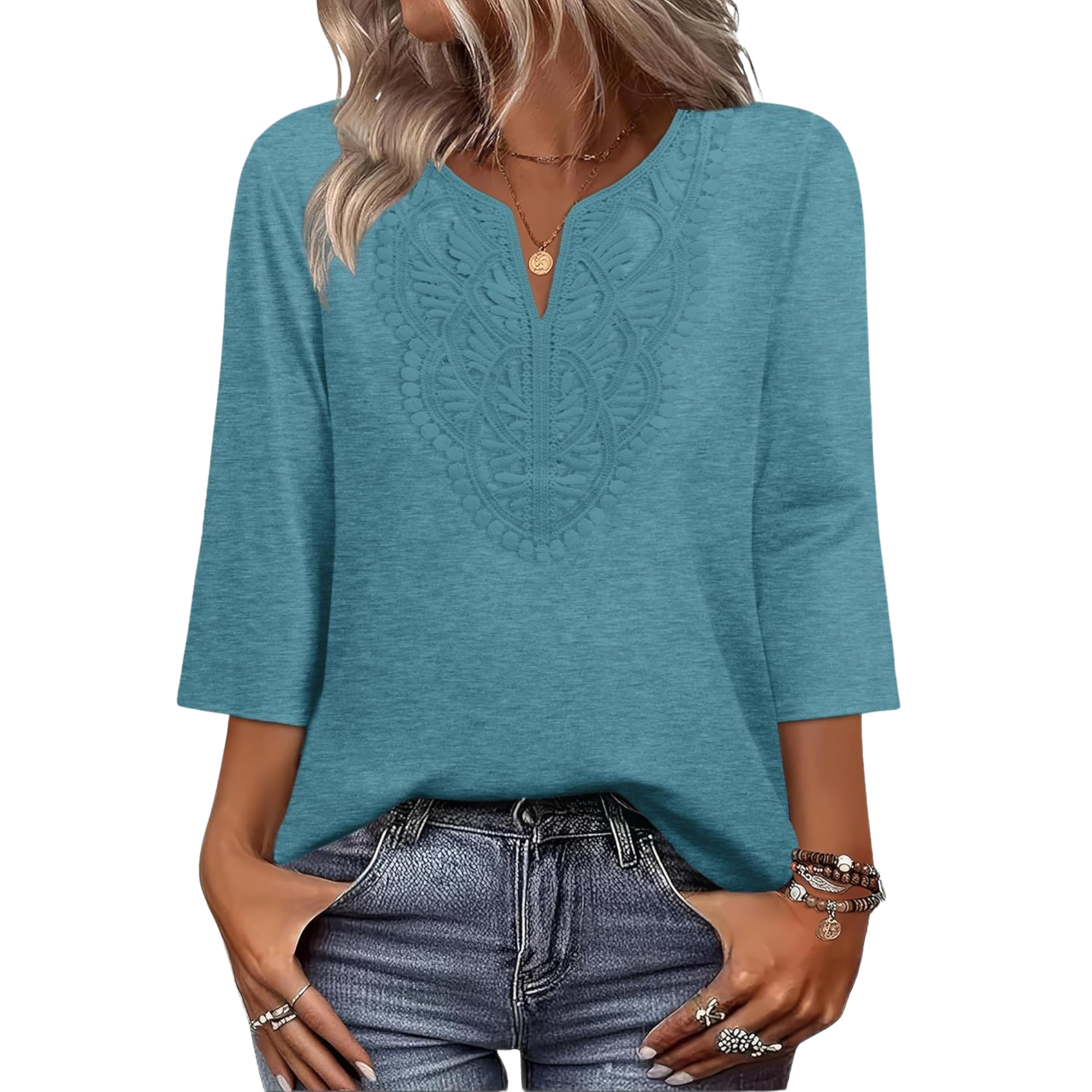 Length Sleeve Womens Tops Boho V Neck Lace Shirt Trendy Blouses Dressy Casual Vacation