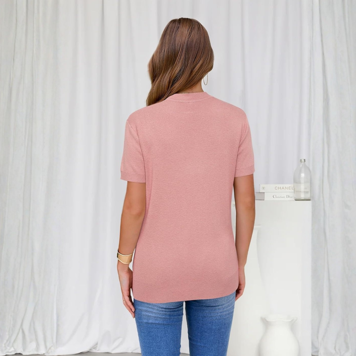 Women Lightweight Wool Blend Short Sleeve Sweater Top Business Casual