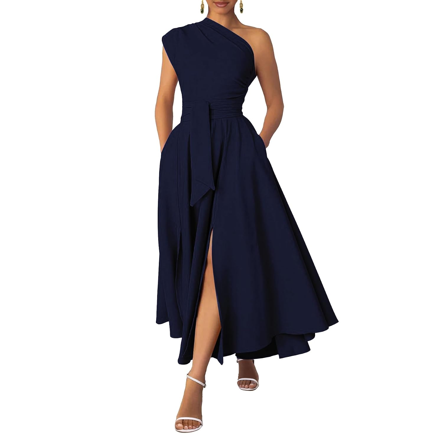 Asymmetric Belted Maxi Dress with Convenient Pockets