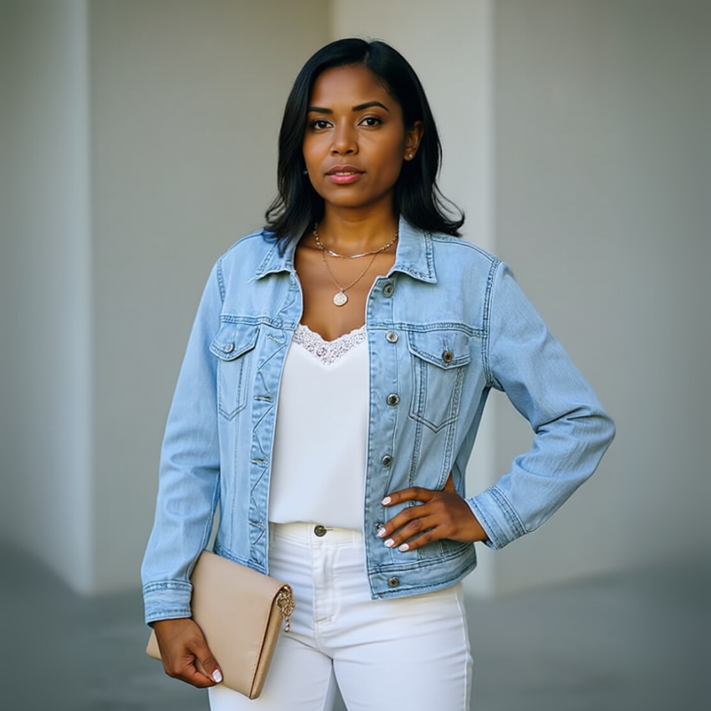 Stretch Fitted Denim Jacket with Long Sleeves