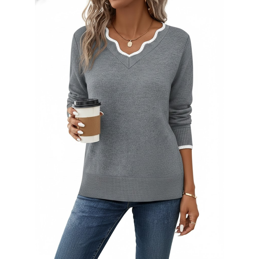 Scallop Trim Knit Pullover Cozy Lightweight Sweater For Women