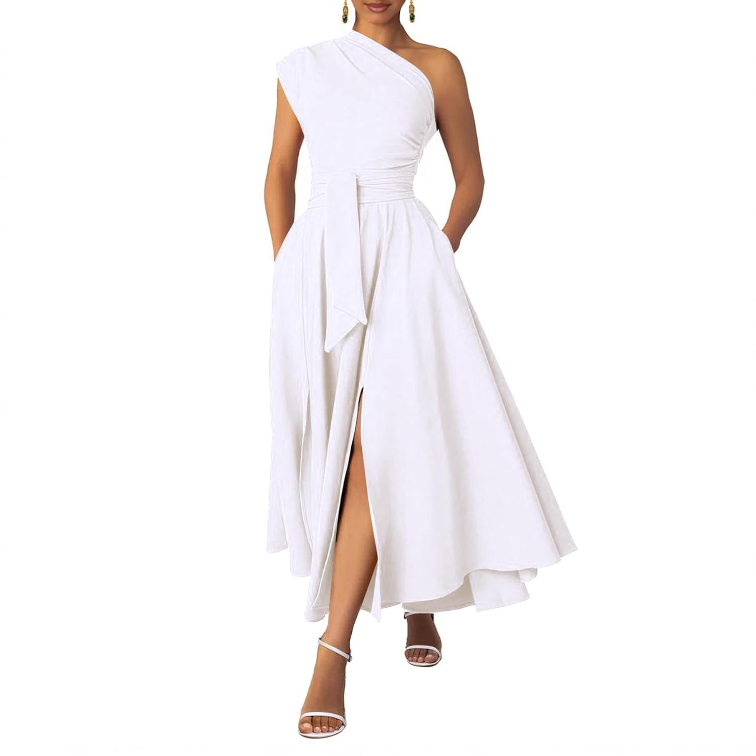 Asymmetric Belted Maxi Dress with Convenient Pockets