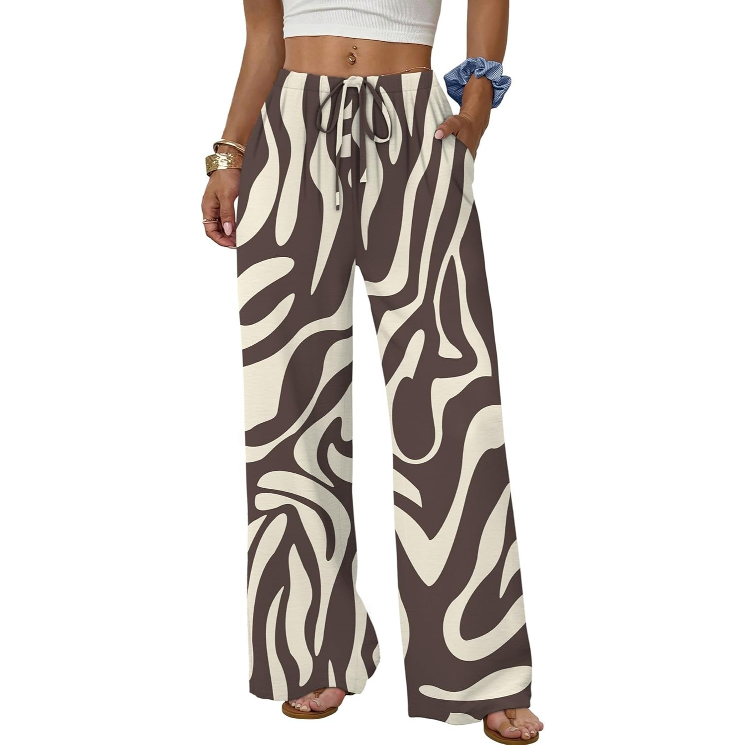 Wide Pants for Women Flowy Palazzo Drawstring Elastic Trousers with Pockets Summer Beach Vacation Clothes