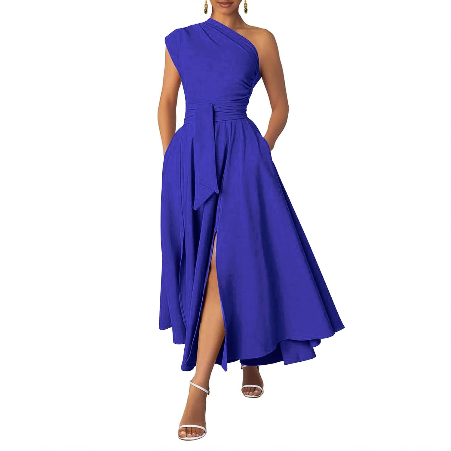 Asymmetric Belted Maxi Dress with Convenient Pockets