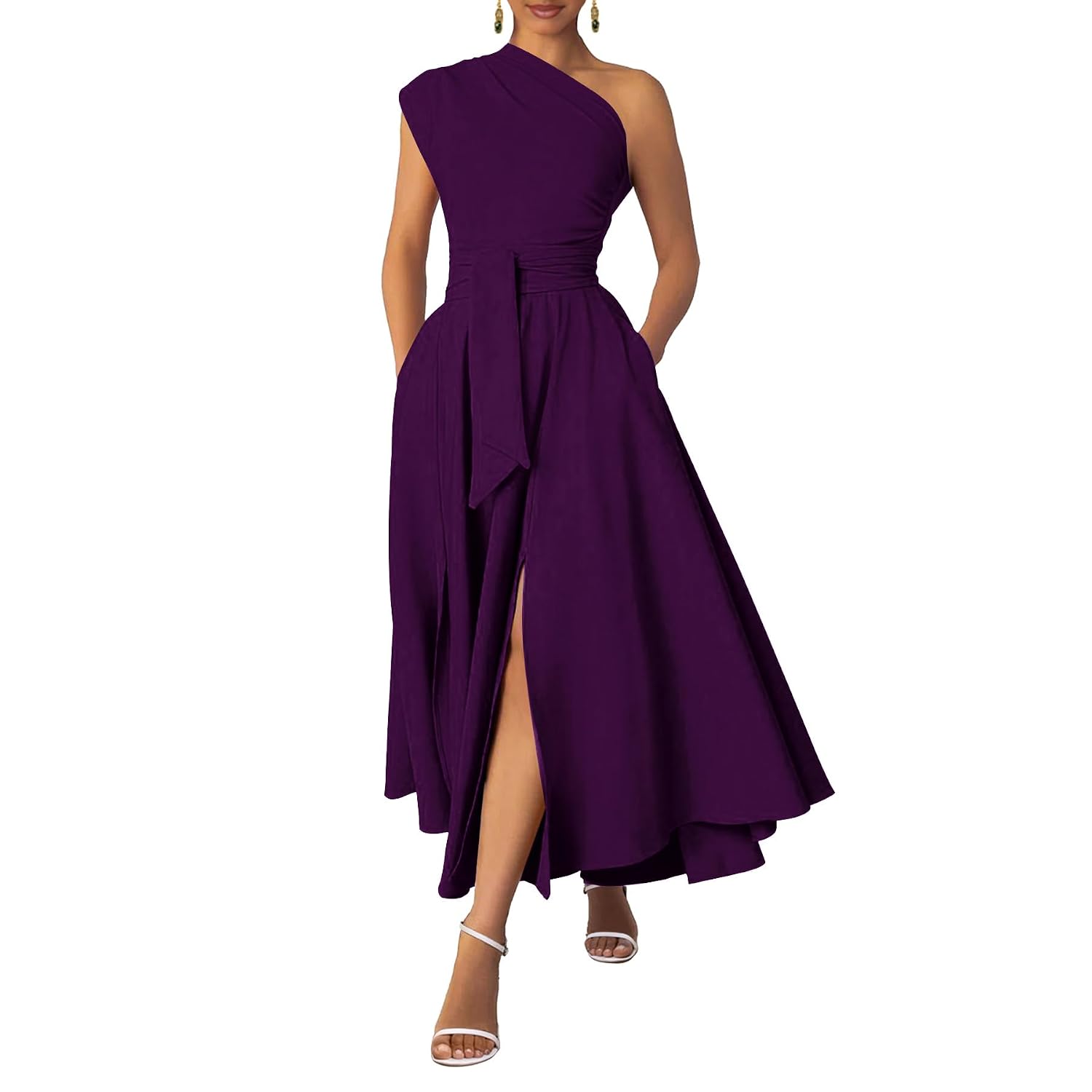 Asymmetric Belted Maxi Dress with Convenient Pockets