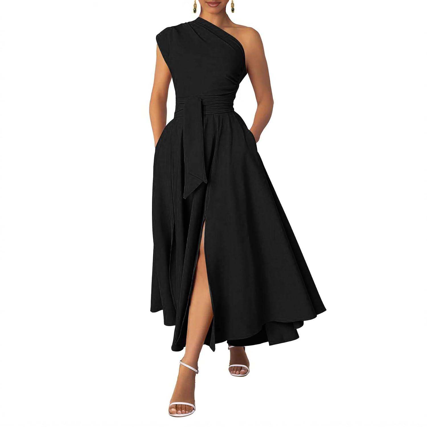 Asymmetric Belted Maxi Dress with Convenient Pockets