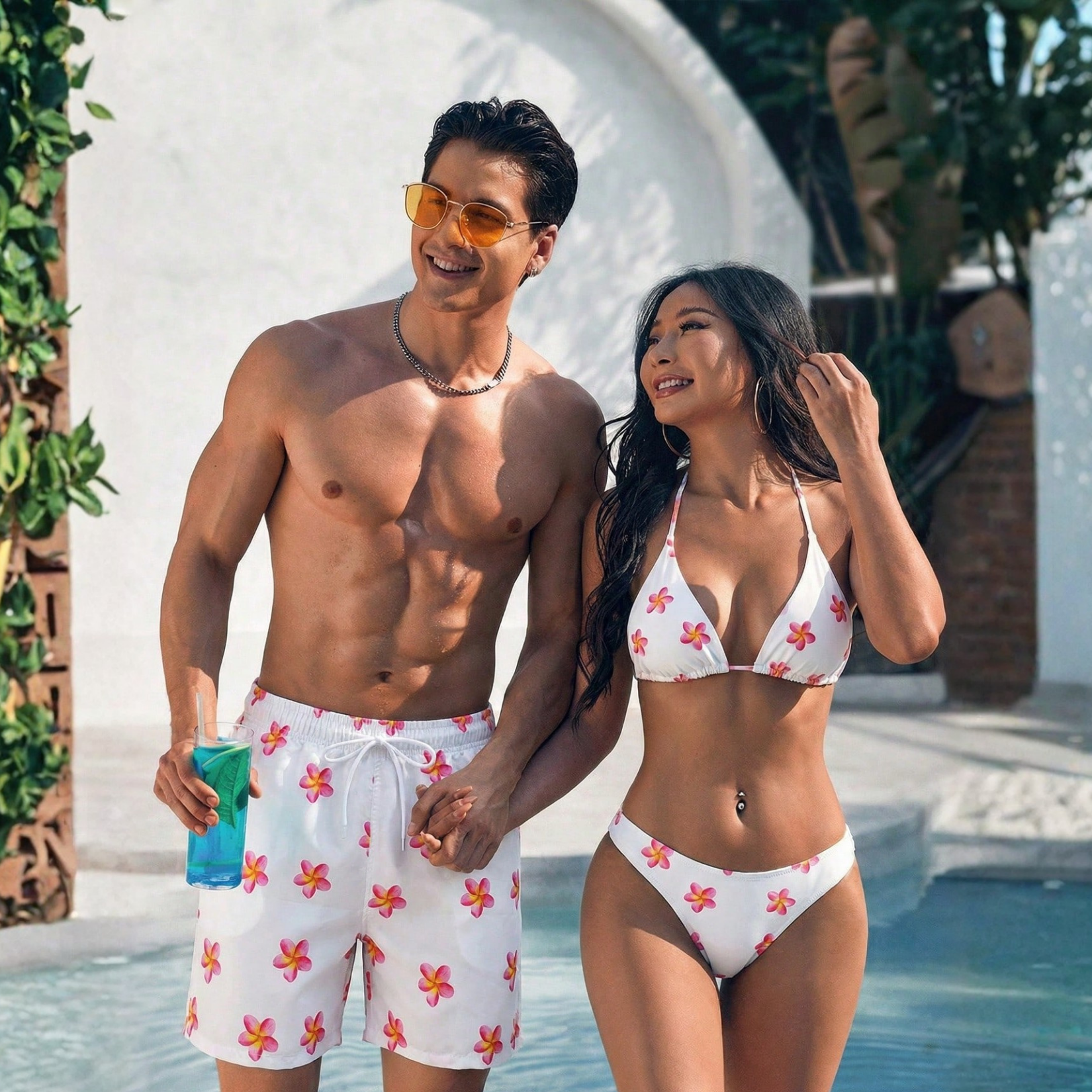 Floral Print Drawstring Beach Shorts For Men And Women Matching Couples