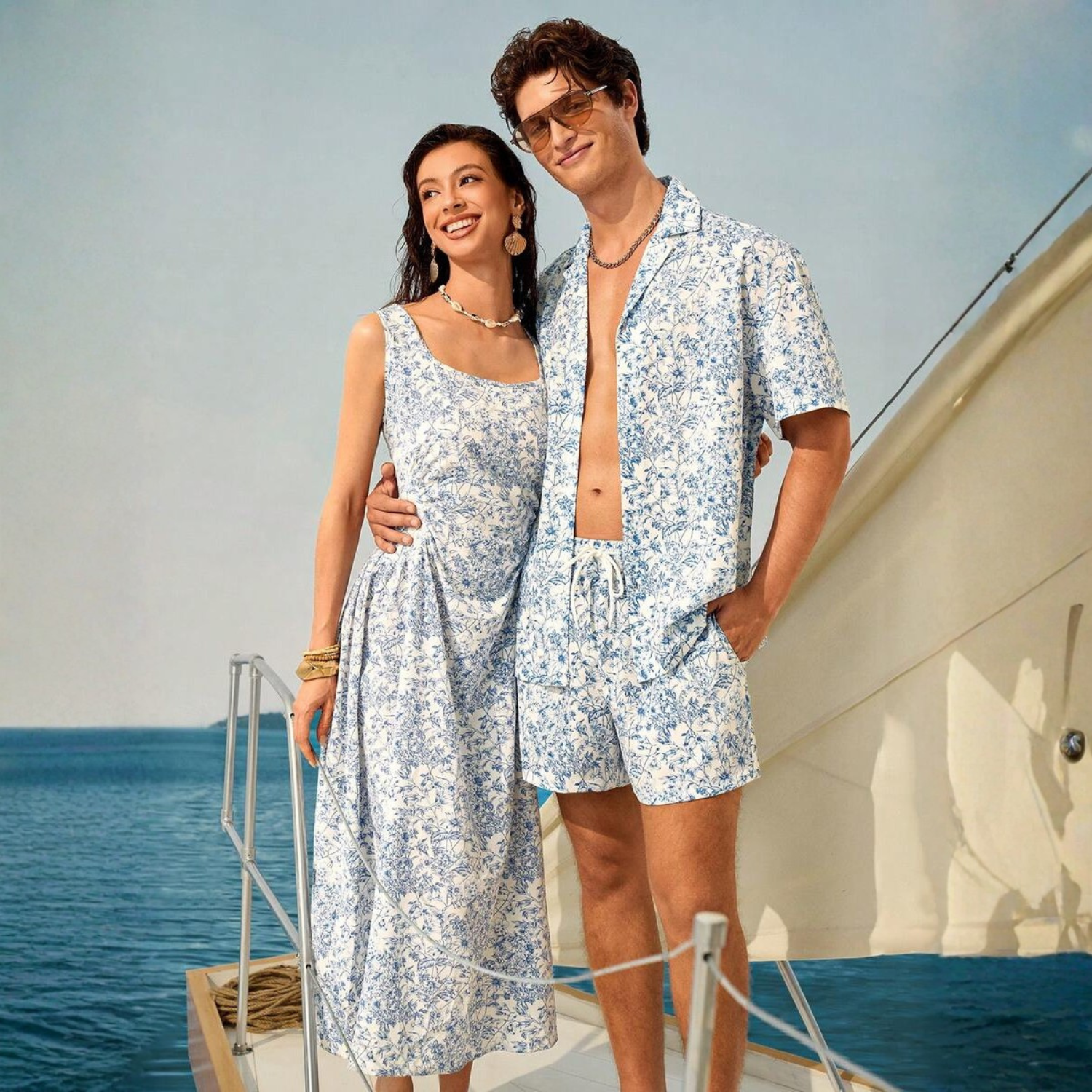Floral Couple Beach Men Shirt Shorts And Women Swimwear Outfit Set