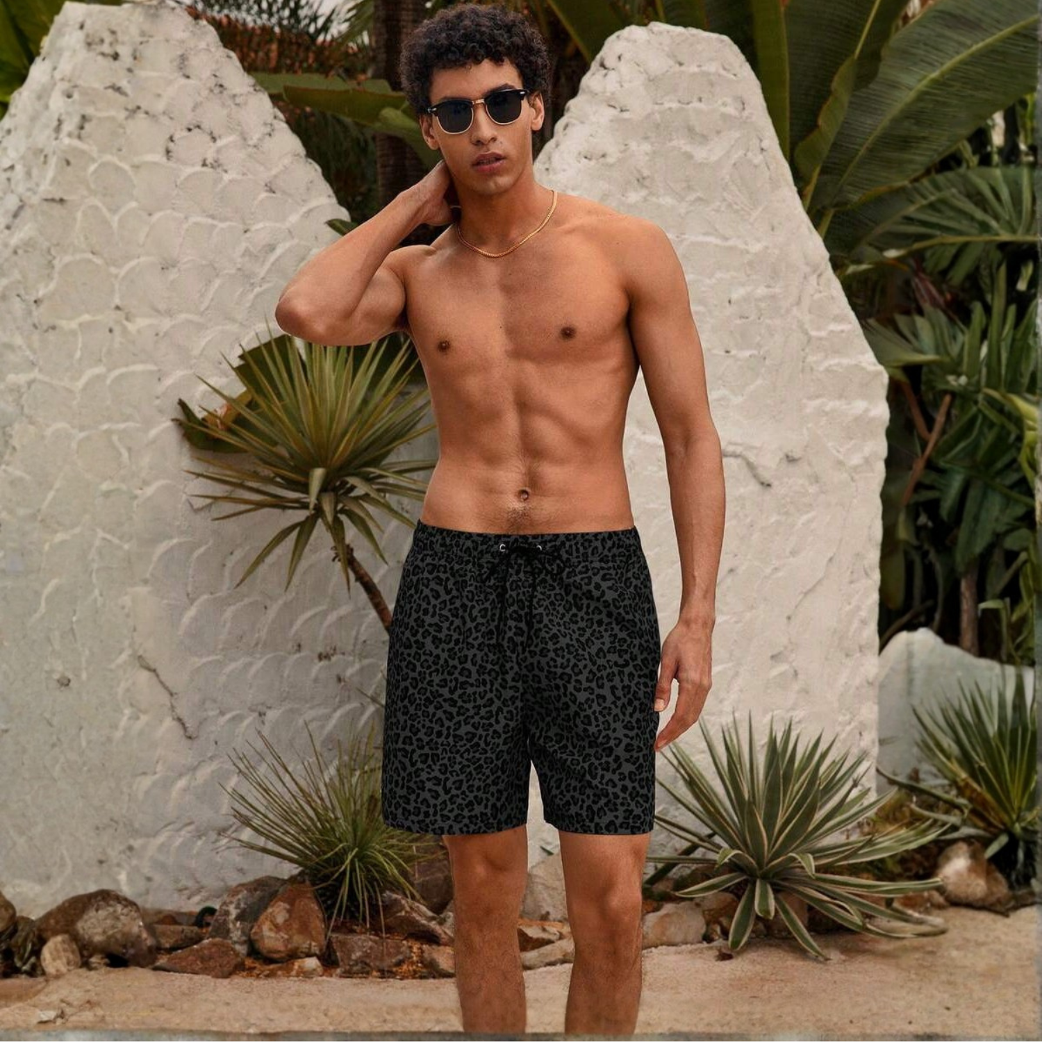 Leopard Print Drawstring Men Shorts And Women Swimwear Set For Beach