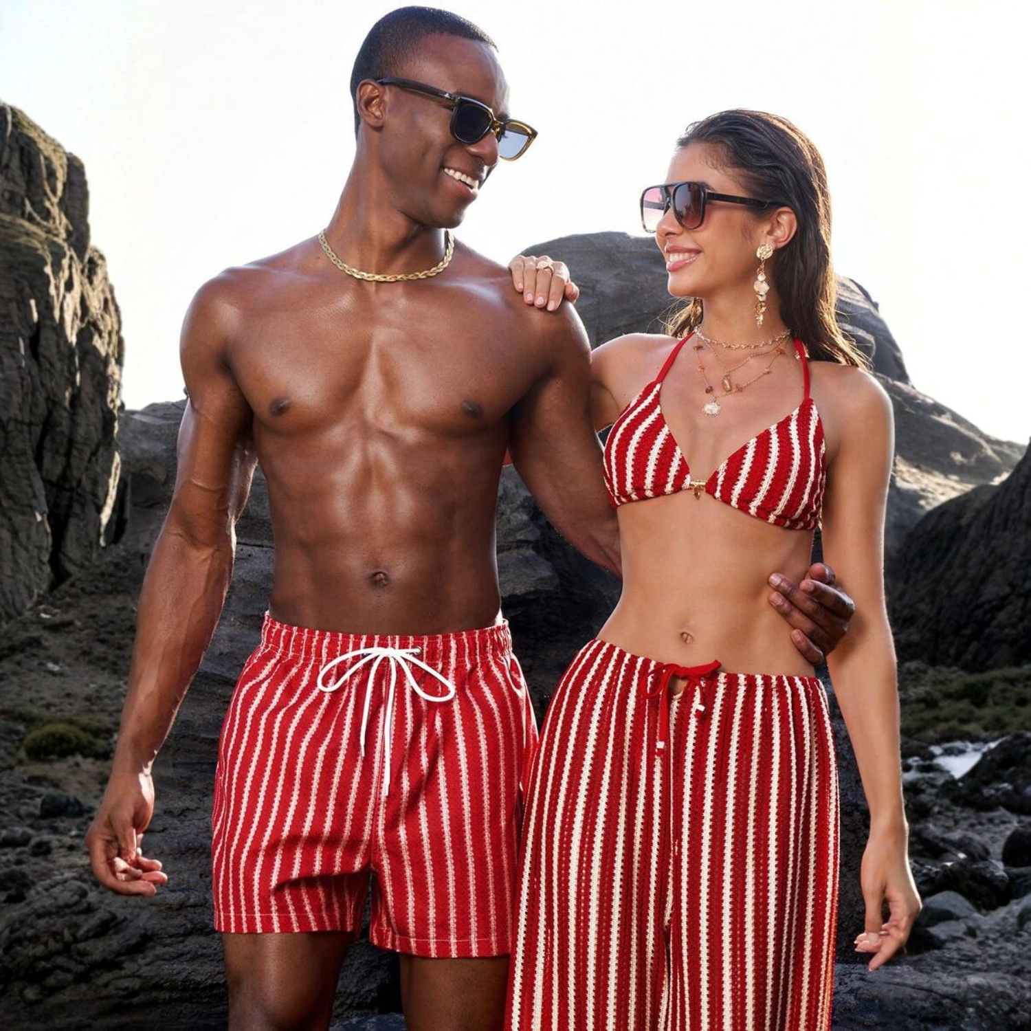 Striped Couple Swimwear For Men Beach Shorts And Women Swimsuit Set