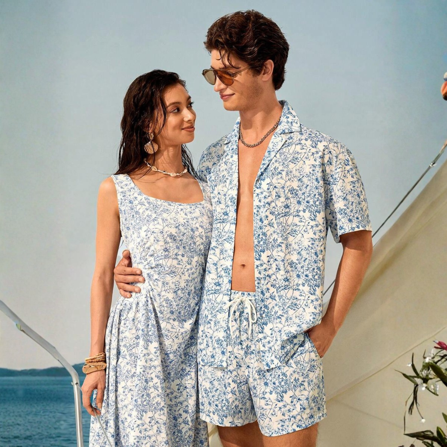 Floral Couple Beach Men Shirt Shorts And Women Swimwear Outfit Set