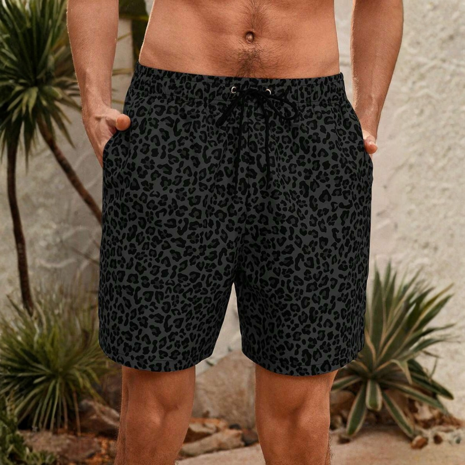 Leopard Print Drawstring Men Shorts And Women Swimwear Set For Beach