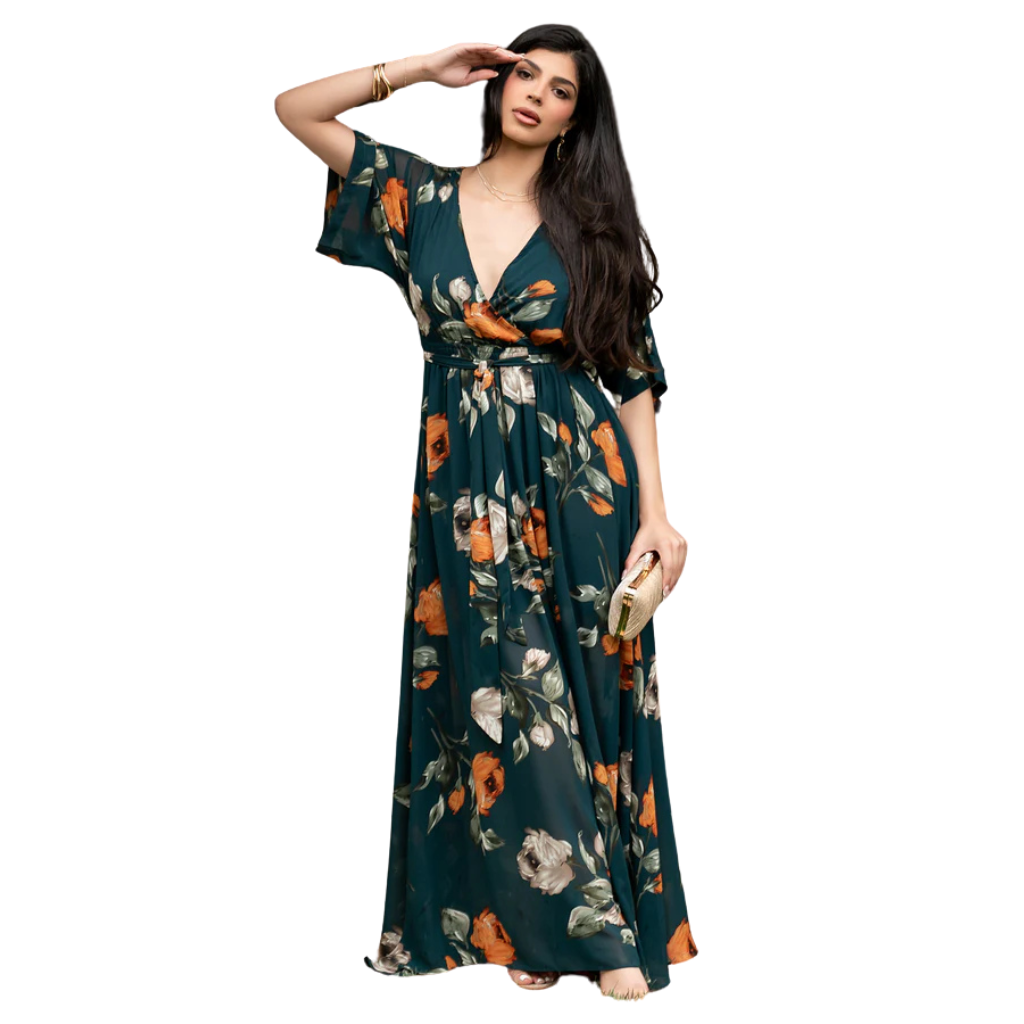 Floral Pattern Floor Length Long Sleeve Chiffon Dress
