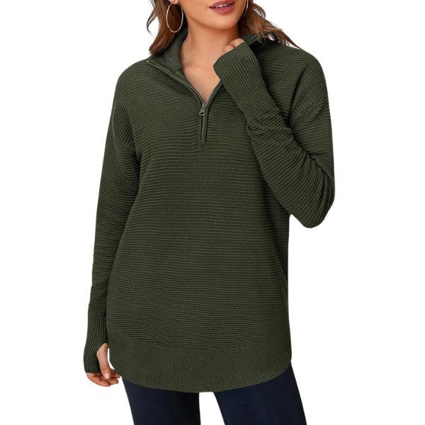 Womens Long Sleeve Quarter Zip Pullover Sweater Casual Loose V Neck Collared Ribbed Knit Jumper Tops Thumb Hole