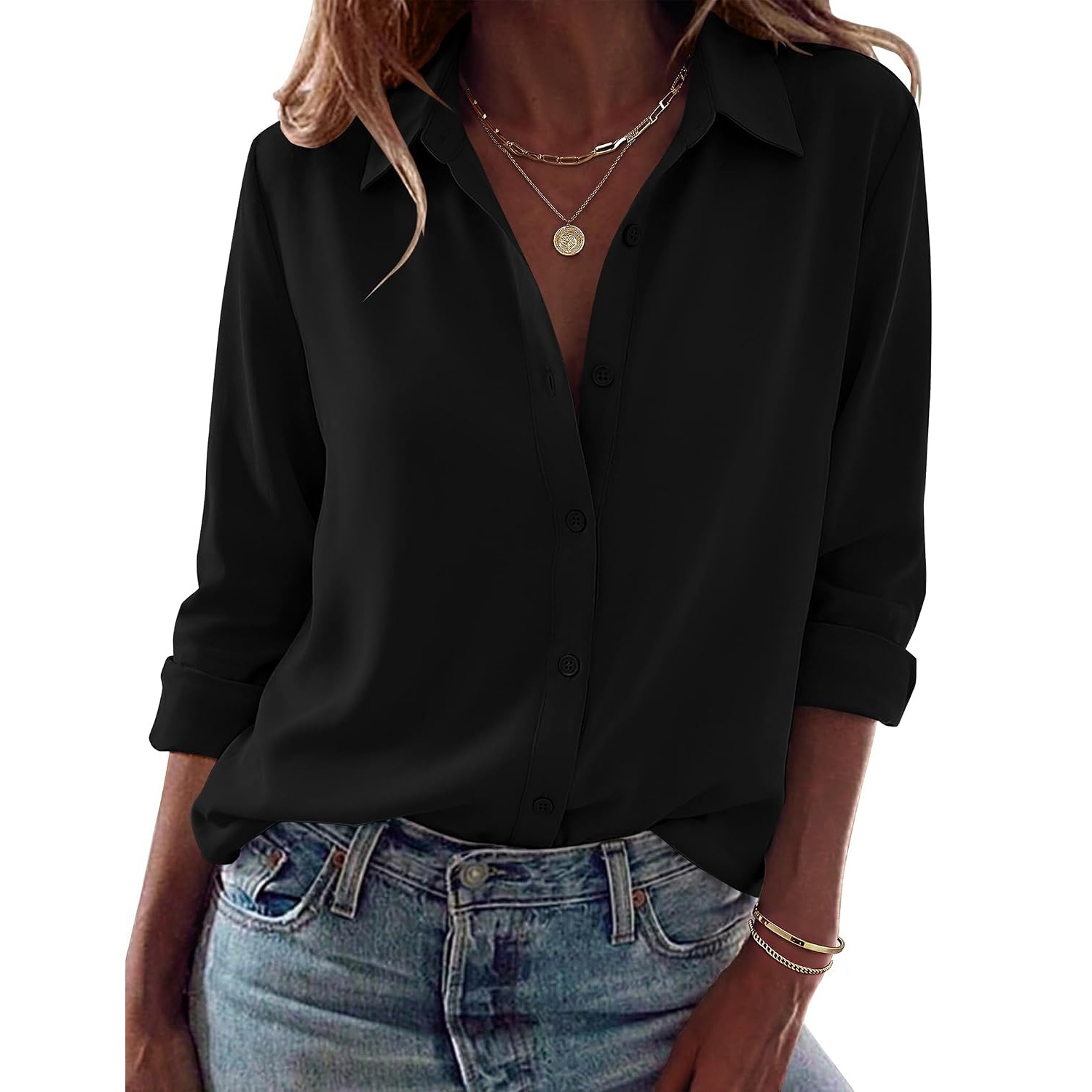 Casual Long Sleeve Button Down Blouse For Women