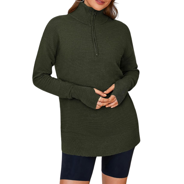 Womens Long Sleeve Quarter Zip Pullover Sweater Casual Loose V Neck Collared Ribbed Knit Jumper Tops Thumb Hole