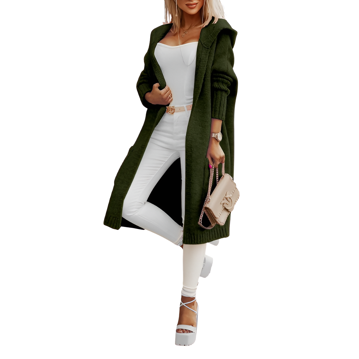 Long Knitted Hooded Cardigan With Open Front  For Women
