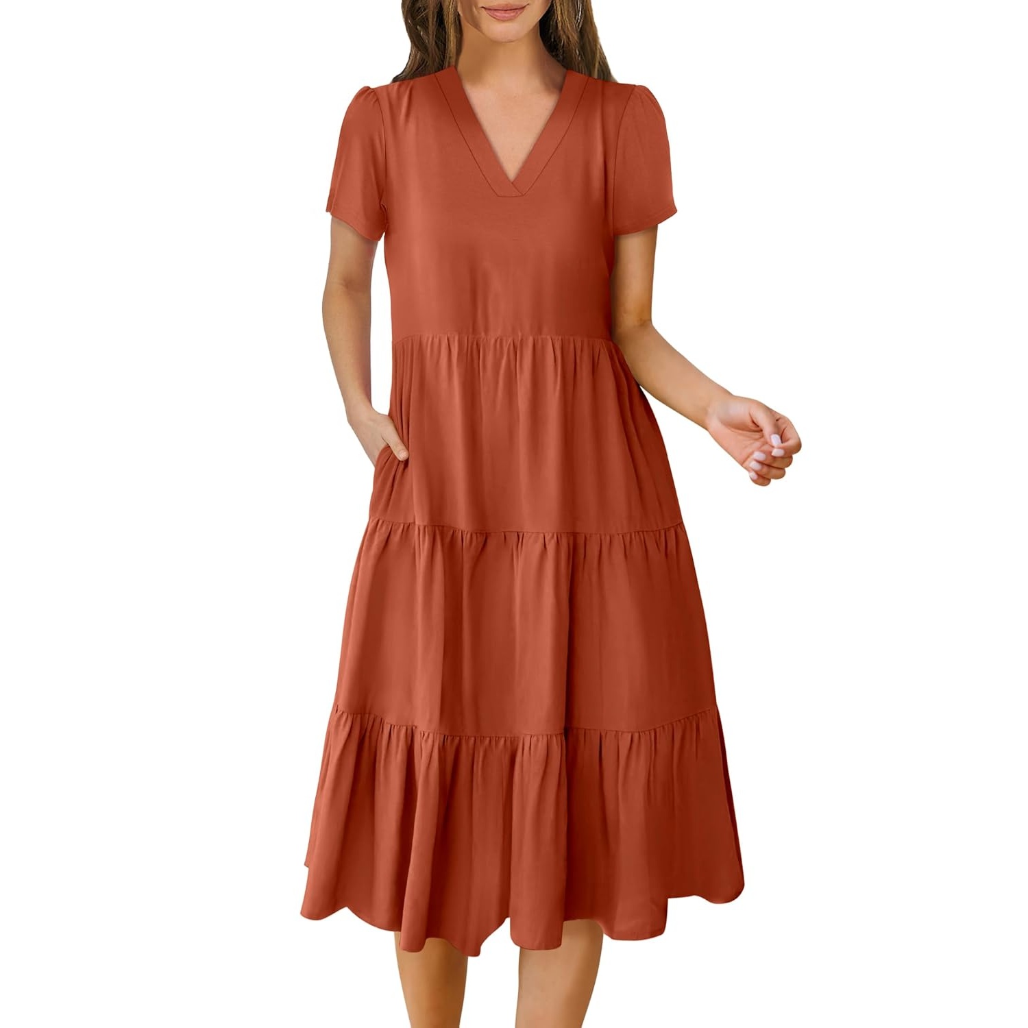 Casual Short Sleeve Tiered Boho Beach Midi Dress For Women