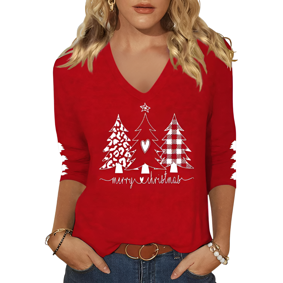 Christmas Graphic T Shirt With Three By Forth Sleeves For Women