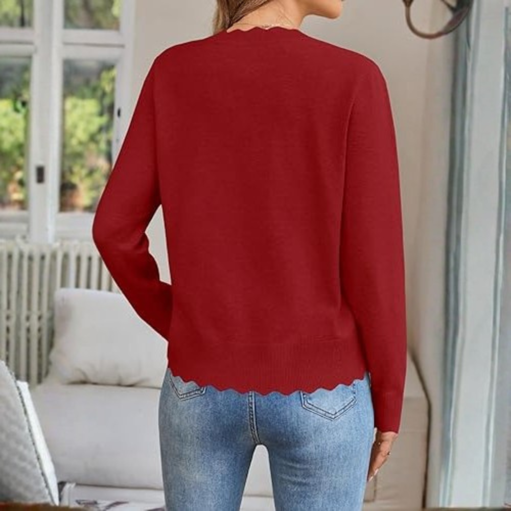 Lightweight Button Down Knit Cardigan With Scallop Trim