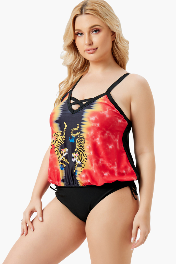Red Tigers Front Cross Strap Two Piece Plus Size Swimsuit