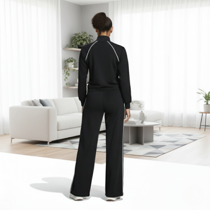 Full Zip Black Jumpsuit With Contrast White Piping