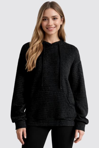 Casual Long Sleeve Drawstring Waffle Pullover Hoodie