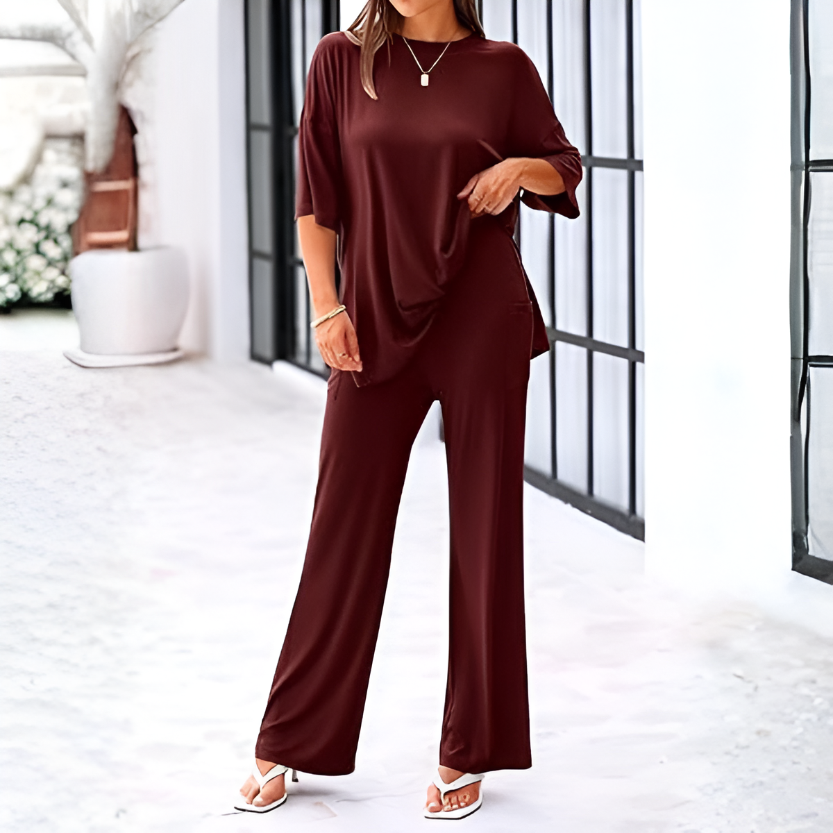 2 Piece Summer Lounge Set With Short Sleeve Top And Pants For Women