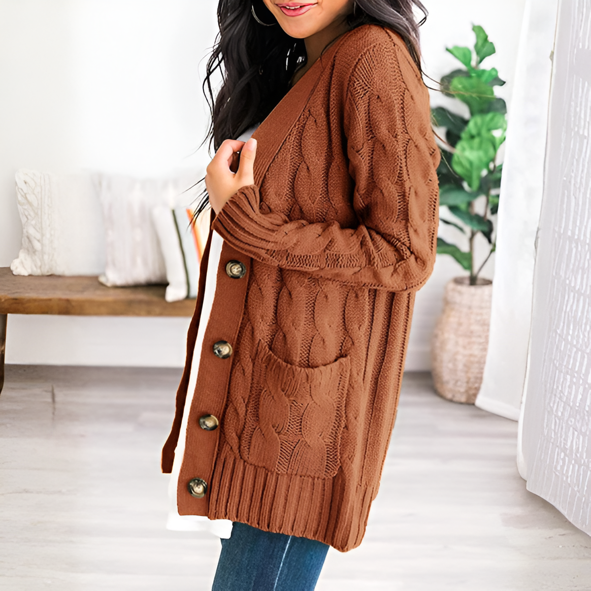 Cable Knit Button Front Open Cardigan