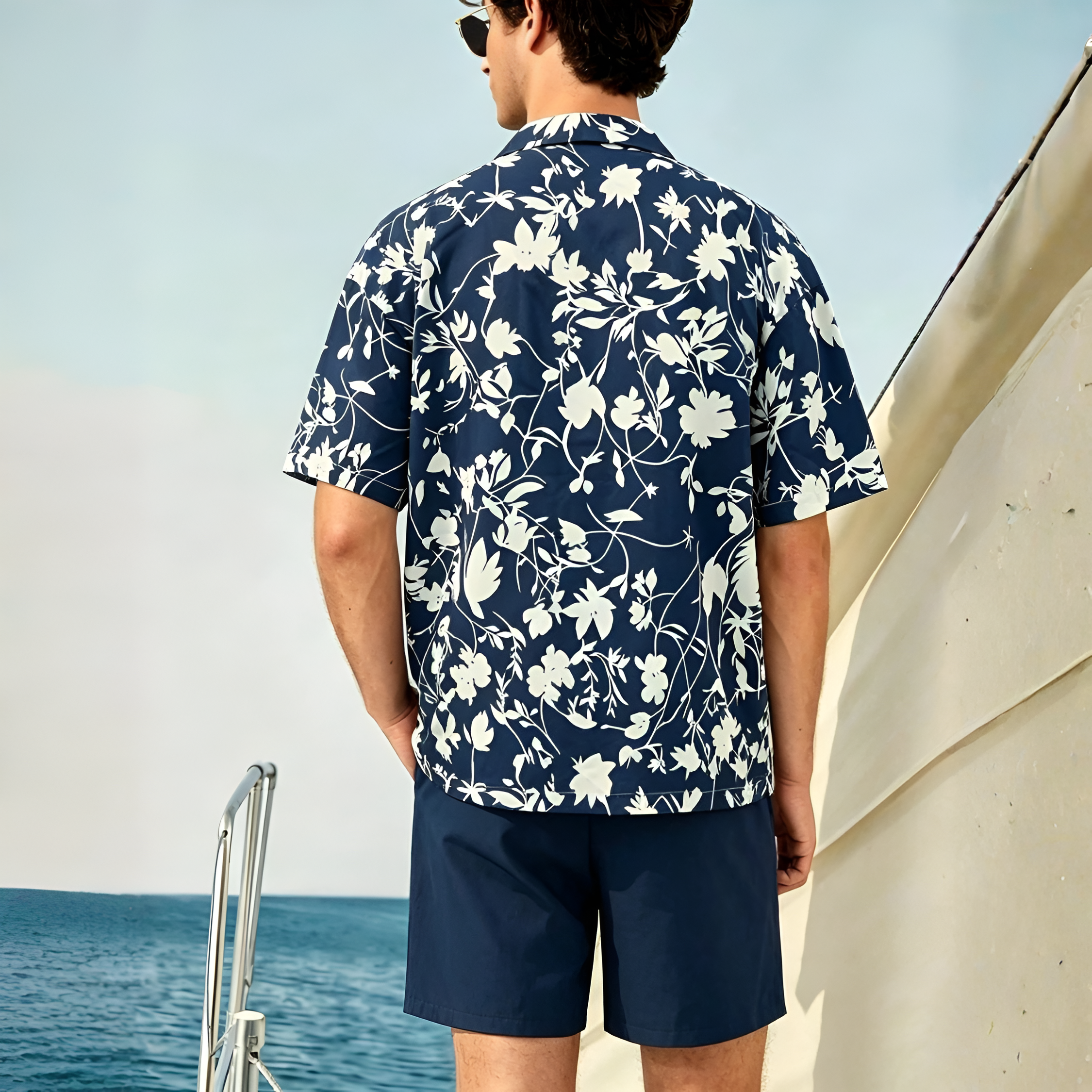 Over Print Beachwear Outfit Set for Men Short Sleeve Shirt And Shorts with Women Dress