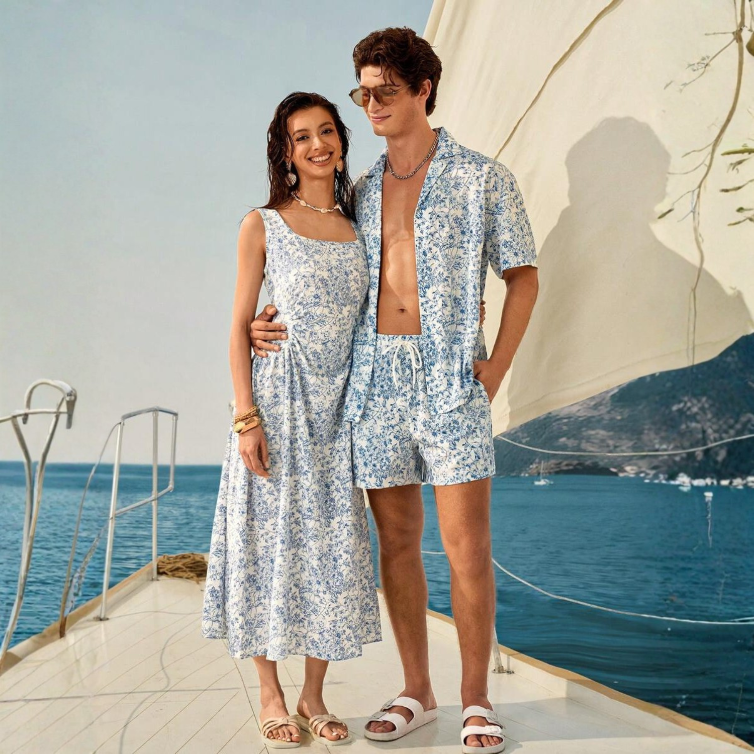 Floral Couple Beach Men Shirt Shorts And Women Swimwear Outfit Set