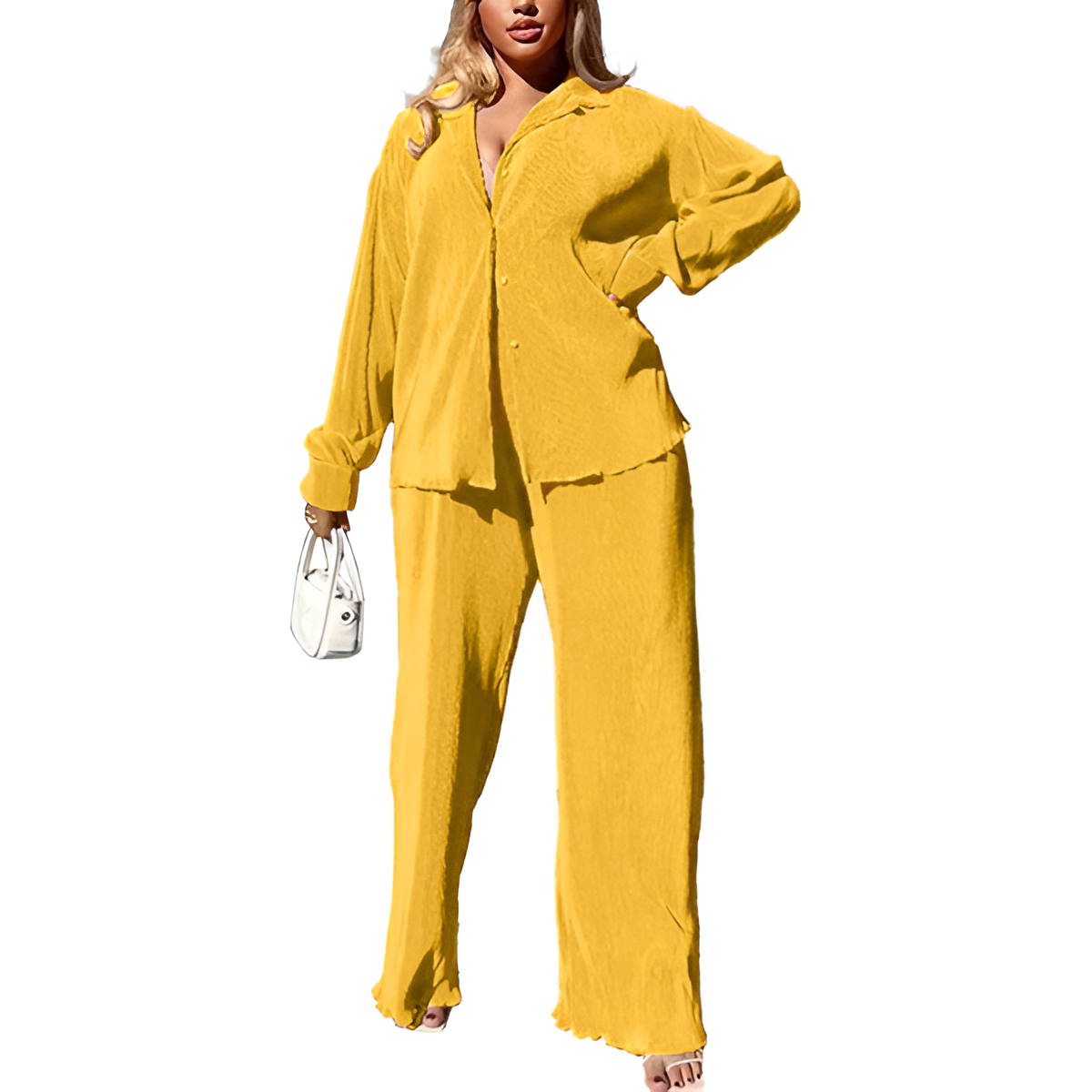 2 Piece Button Down Shirt And Pleated Pants Set For Women