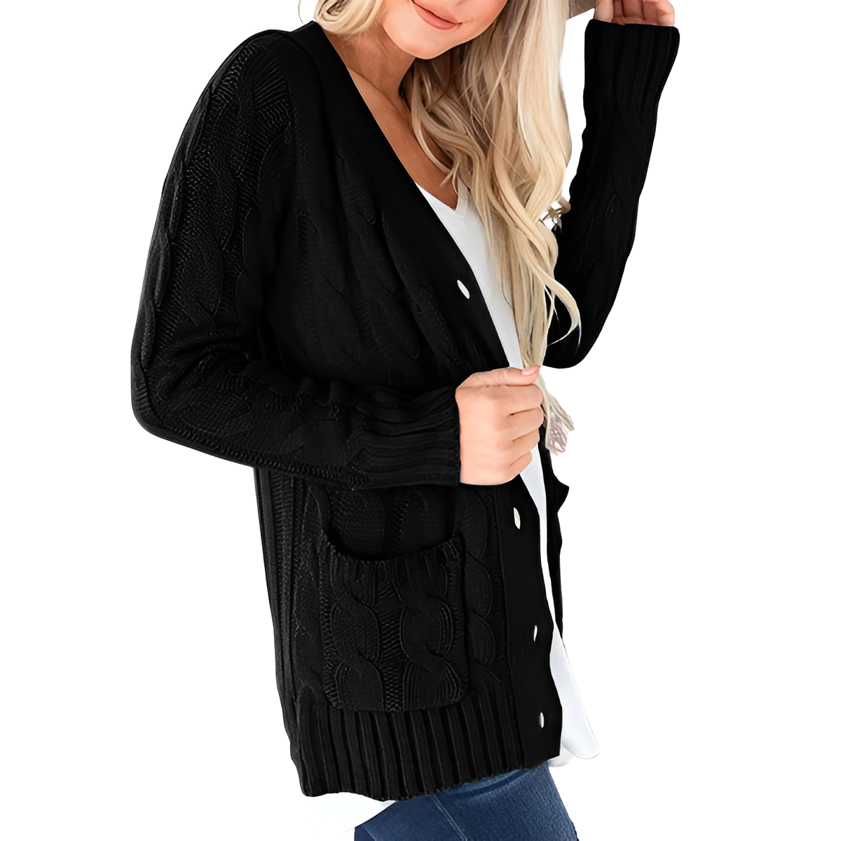 Cable Knit Button Front Open Cardigan