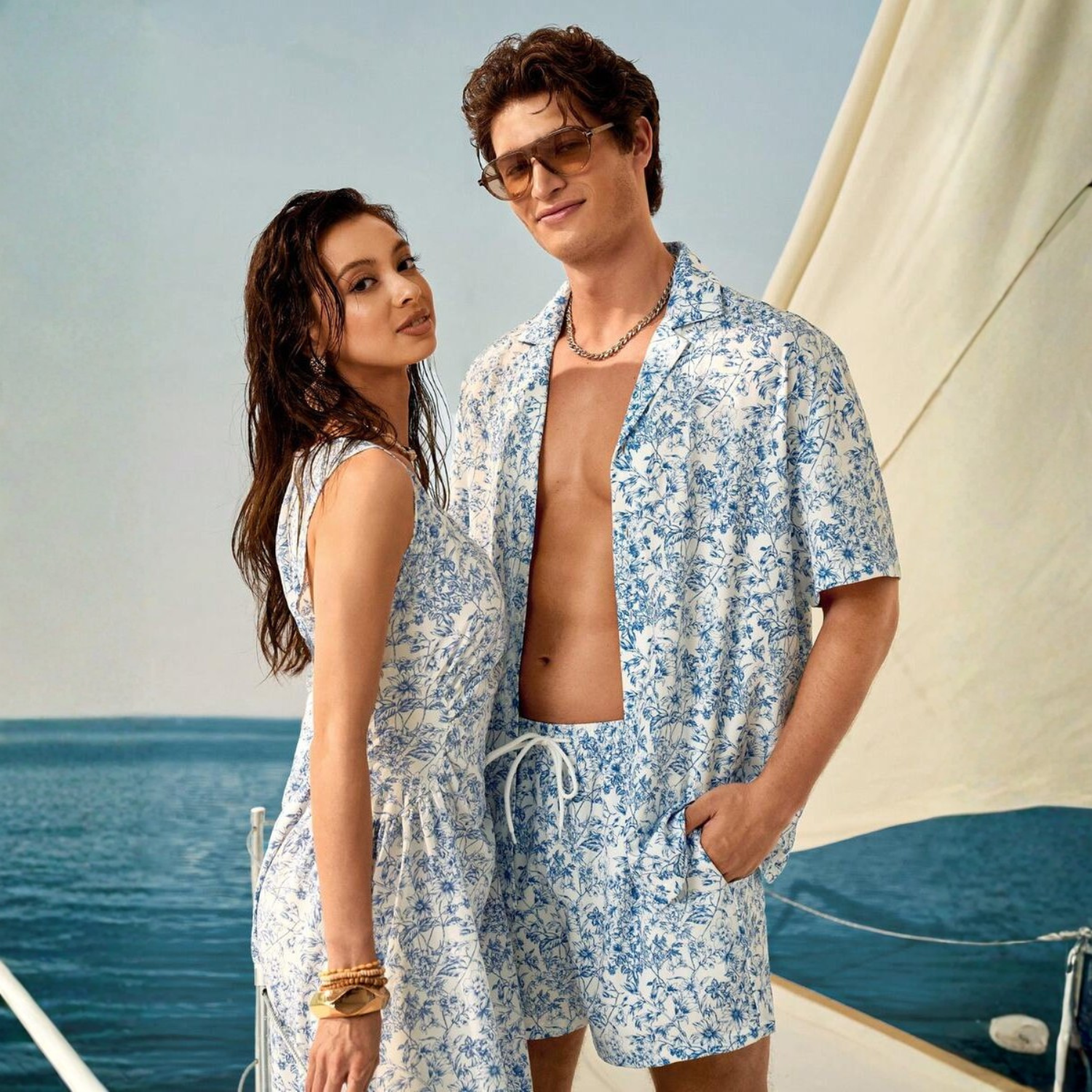 Floral Couple Beach Men Shirt Shorts And Women Swimwear Outfit Set