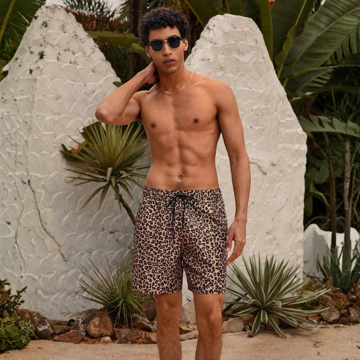 Leopard Print Drawstring Men Shorts And Women Swimwear Set For Beach