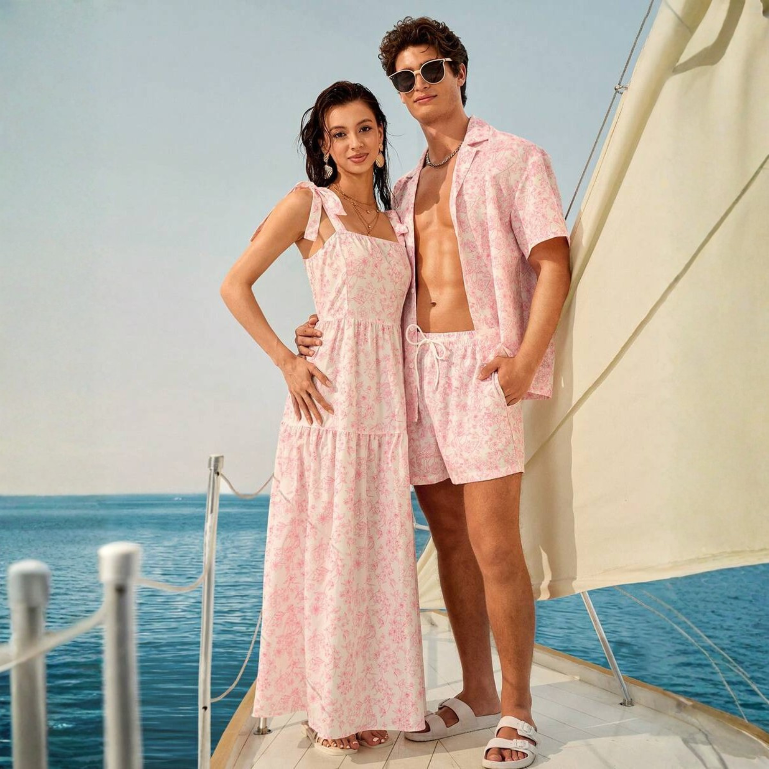 Floral Couple Beach Men Shirt Shorts And Women Swimwear Outfit Set