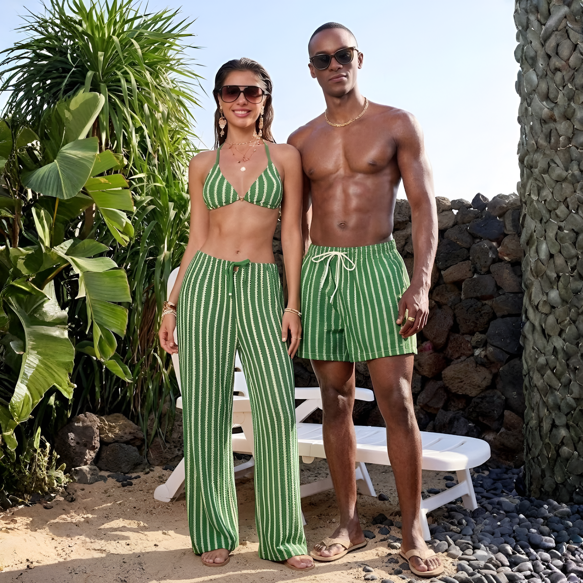 Striped Couple Swimwear For Men Beach Shorts And Women Swimsuit Set