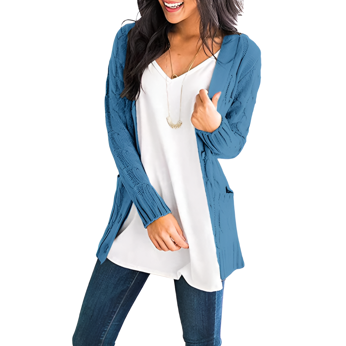 Cable Knit Button Front Open Cardigan